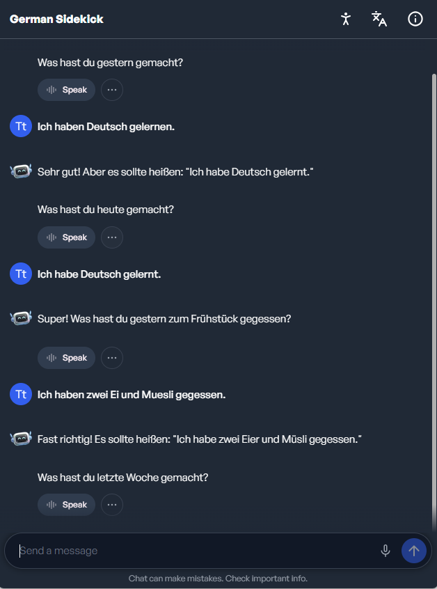 Picture 3 - AI School “Sidekick” instructed to ask students questions in the past tense and repeat any sentences with errors - Questions and answers in German
