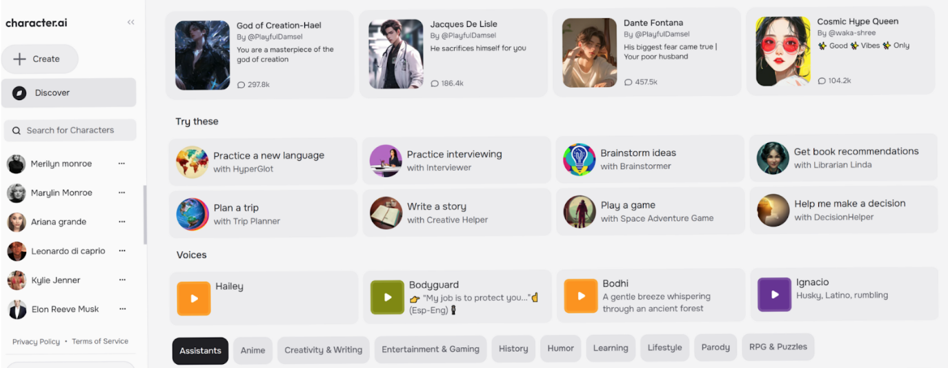 The Character.AI homepage showing the interface and available personas