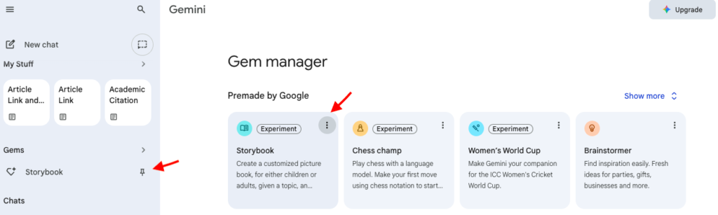 Picture 1 – Storybook in Gem - On the left navigation, under "Gems", there is a pin that can be clicked under "Storybook". On the right, under "Gem manager", Storybook is listed and you can click on 3 dots to activate it.