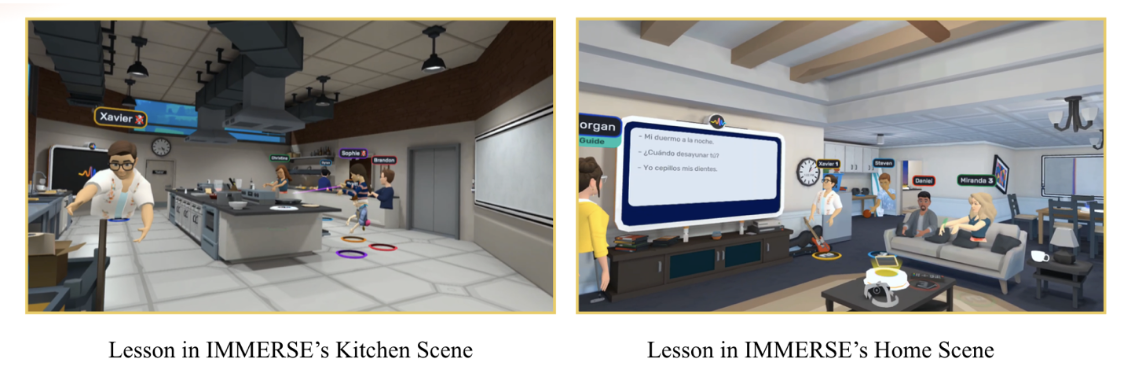 Picture 1 - Images from IMMERSE’s live classes - on the left: Lesson in IMMERSE's kitchen scene and shows a virtual kitchen; on the right: Lesson in IMMERSE's home scene, and shows a virtual living room