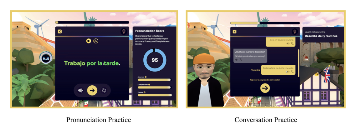 Picture 2 - Images from AI-integrated practice on IMMERSE - on the left: pronunciation practice, it has a phrase and then a pronunciation score with feedback; on the right: conversation practice, it has an avatar and then a conversation in a chat window