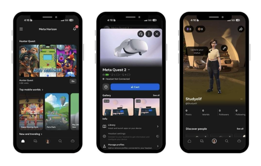 Picture 7 - Meta Horizon App to connect headsets and the account - has phones with various apps showing, a meta question 2 app, and an avatar of the author