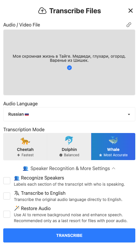 Picture 1 - Transcription settings - Transcribe files - audio/video file, you choose audio language, transcription mode (cheetah - fastest, dolphin - balanced, whale - most accurate), speaker recognition settings, transcribe to english, and restore audio
