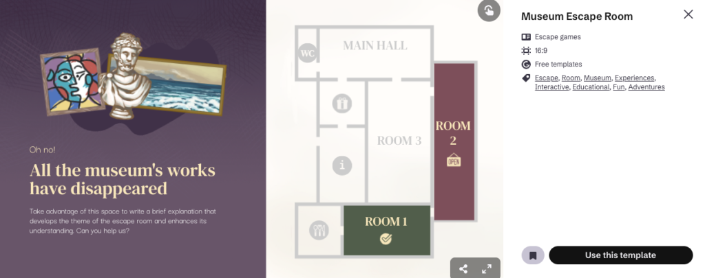 A Museum Escape Room template showing a floor plan of a museum on the right and an image of artwork on the left with a prompt