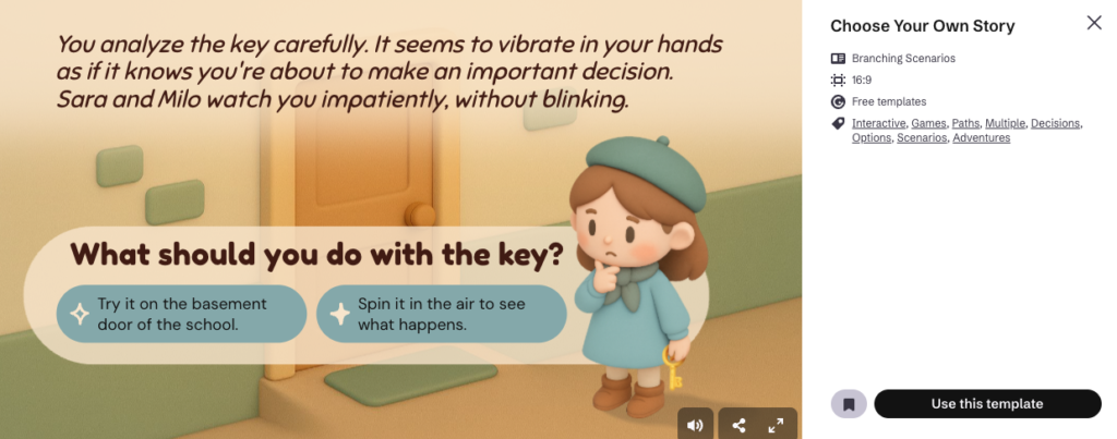 A branching scenario template showing a person thinking and asking what they should do, followed by two options 