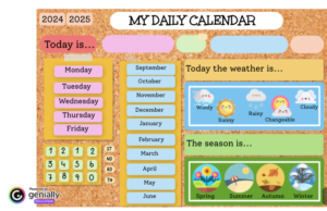 A calendar template with "my daily calendar" at the top and many options listed below, such as the weather and the season