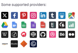 A pictorial list of elements that can be integrated into Genially media, such as Facebook, X, Pintrist, Google Drive, and others