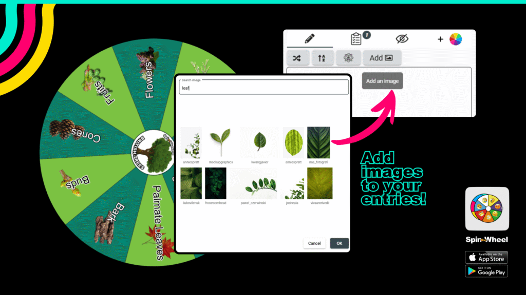 Picture 7 - Search and add stock images to your wheel entries - a wheel with parts of trees on each section: bark, buds, cones, fruits, flowers.