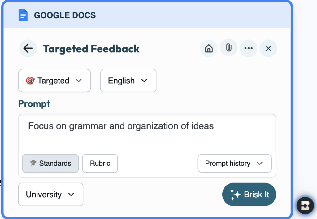 Picture 3 - The Targeted Feedback customization panel, where teachers specify a focus prompt, select the language and academic level, and optionally align feedback with standards or a rubric before clicking “Brisk It.”