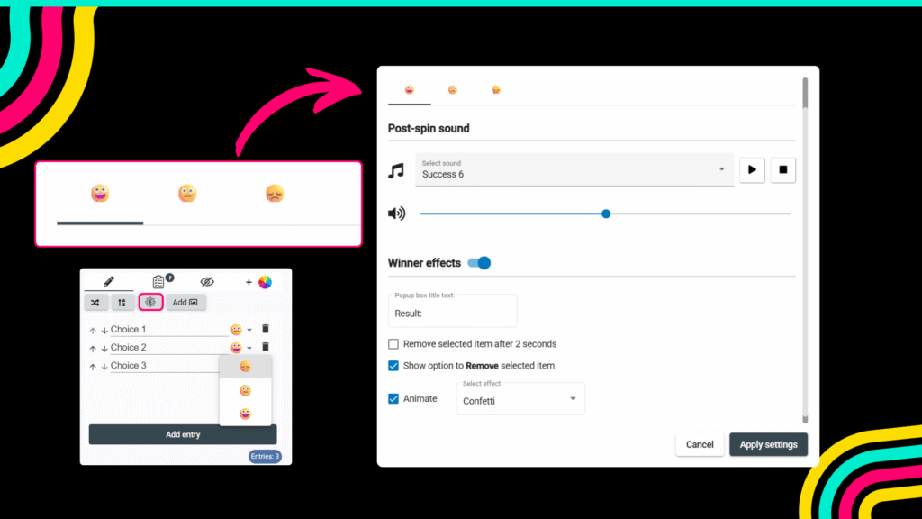 Picture 5 - Wheel settings enabling post-spin reaction effects per each choice - choice 1, 2, 3, and several emoji choices in the post-spin sound settings.