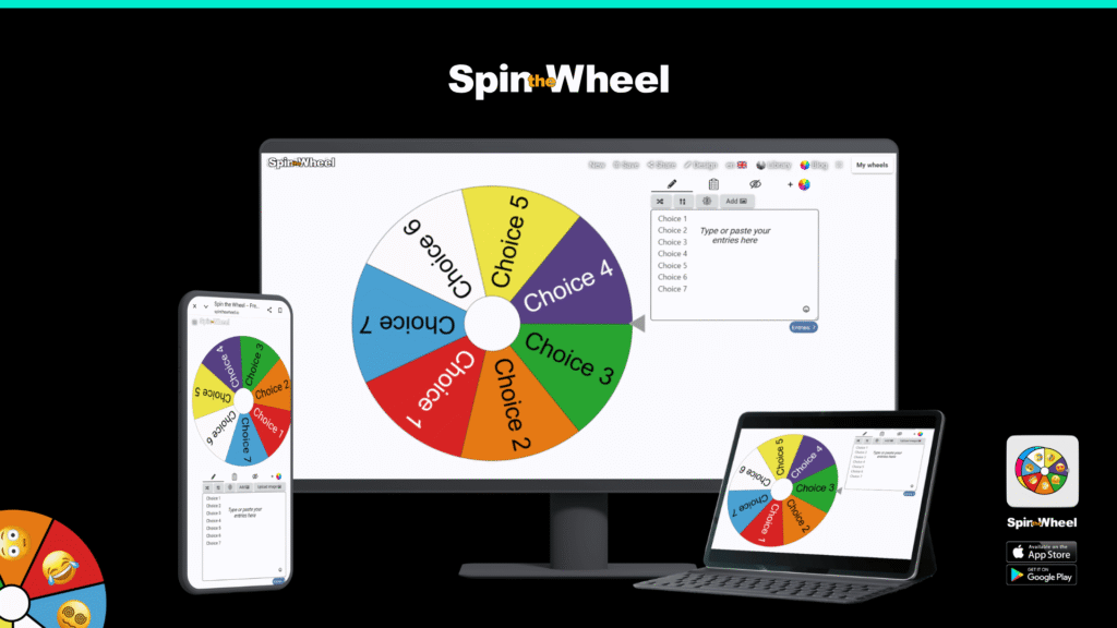 Spin Wheel - shows a wheel on various devices (phone, computer screen)