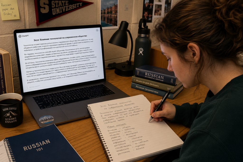 a girl writing out an essay based on something from chatgpt