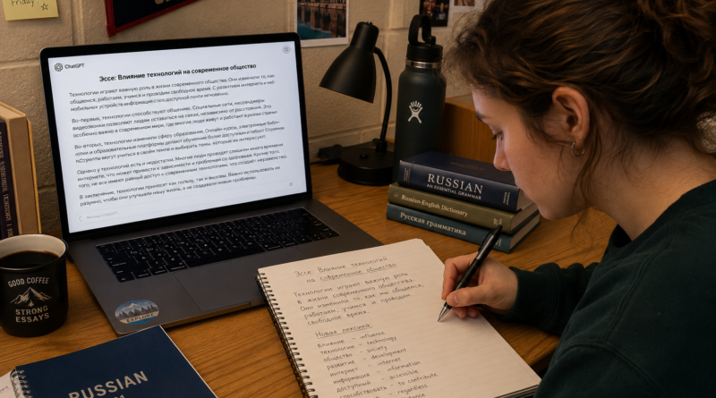 a girl writing out an essay based on something from chatgpt