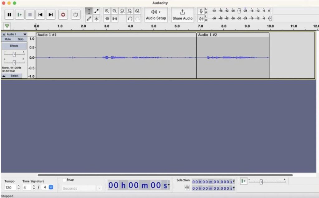 Picture 7 - Audacity interface used for recording student interpretations - shows an audio wave form in an audio editing interface