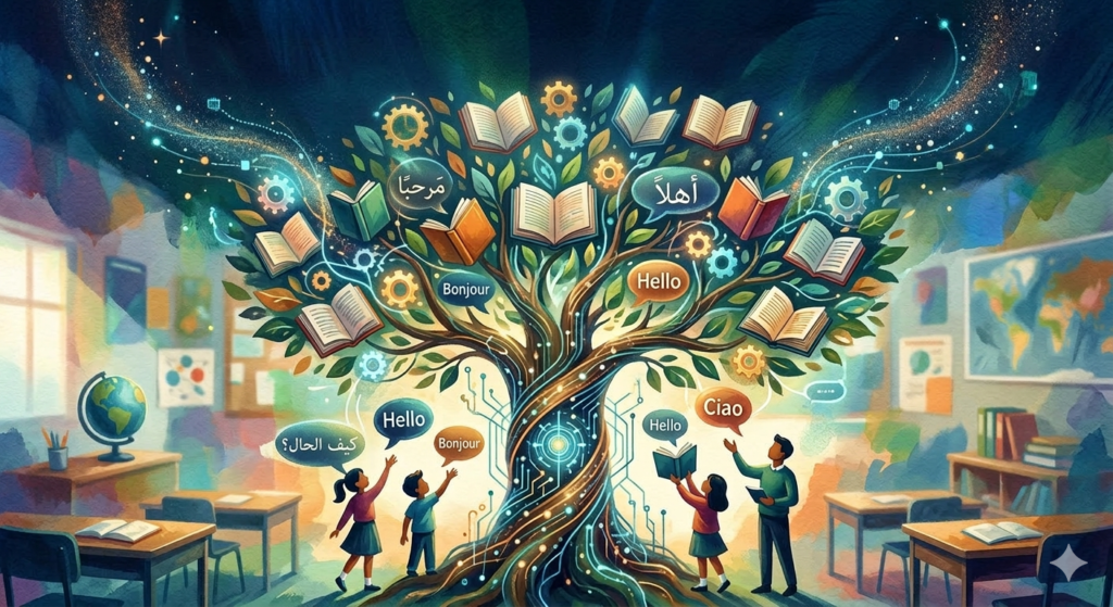 a classroom with a magical tree in the middle with students under it speaking various languages