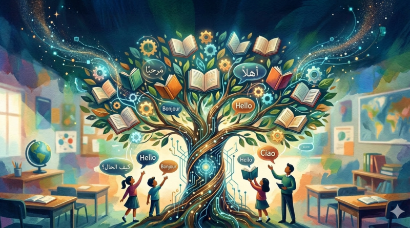 a classroom with a magical tree in the middle with students under it speaking various languages