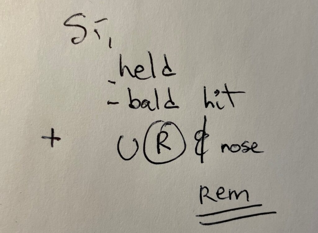 Picture 4 - Sample notes from interpreting exercises - Si, held, bald hit + U R(circled & nose Rem (underlined twice)