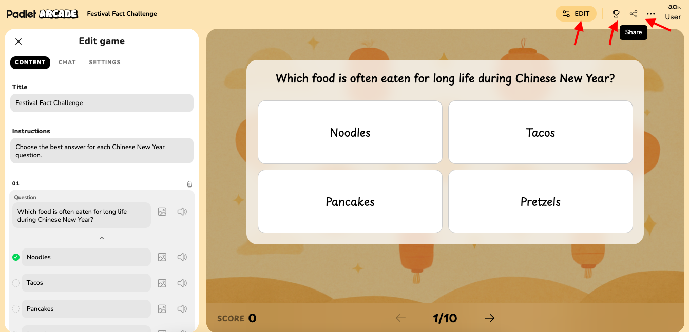 Picture 3 – Edit and Share a Game in Arcade - panel on the left that allows you to edit game manually or through chat. On the right is an example question: Which food is often eaten for long life during Chinese New Year? noodles, tacos, pancakes, pretzels. There are buttons for edit and share.