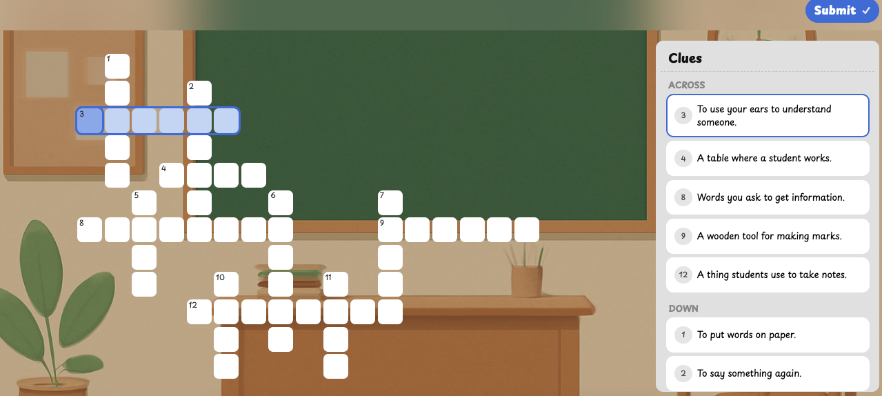 Picture 4 – An Example of Spanish Classroom Communication Crossword from the Arcade Library - has clues on the right in English and the crossword on the left