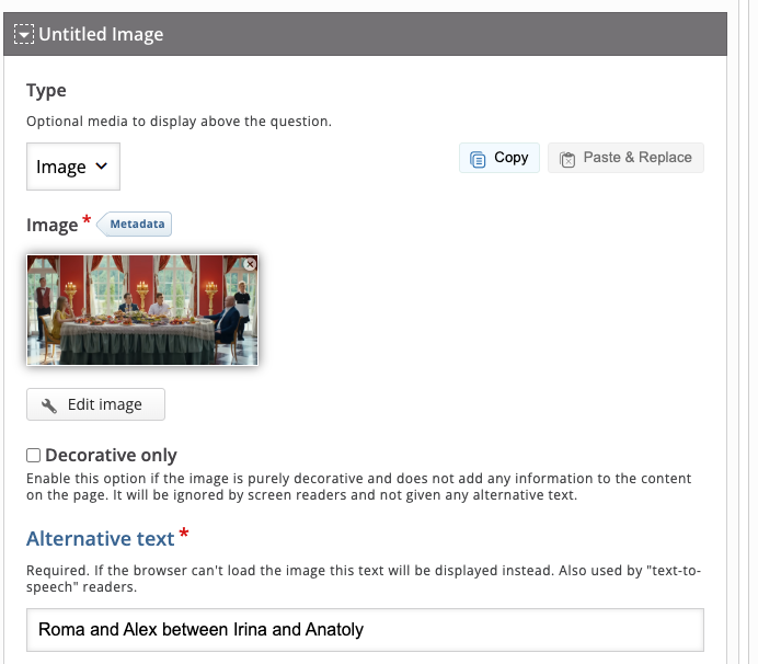 Picture 1 - Interface for adding alt text in H5P - Has a box that says "Alternative text" and "Required"
