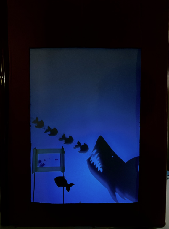 Picture 4 - Shadow theater scene of Brecht’s parable “If Sharks Were People” - has a shark chasing after fish with a blue background