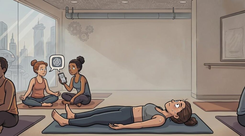 a woman on a yoga mat, looking upset. two women near her are discussing chatgpt