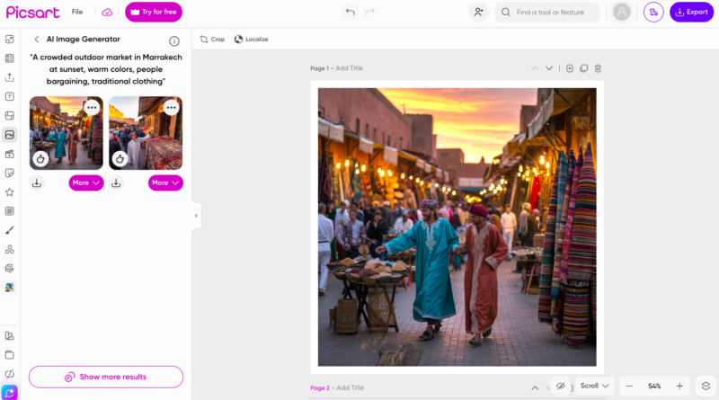 Picture 1 - The Picsart AI Image Generator interface allows users to transform detailed written prompts into customized visual scenes - the prompt is "A crowded outdoor market in Marrakech at sunset, warm colors, people bargaining, traditional clothing"