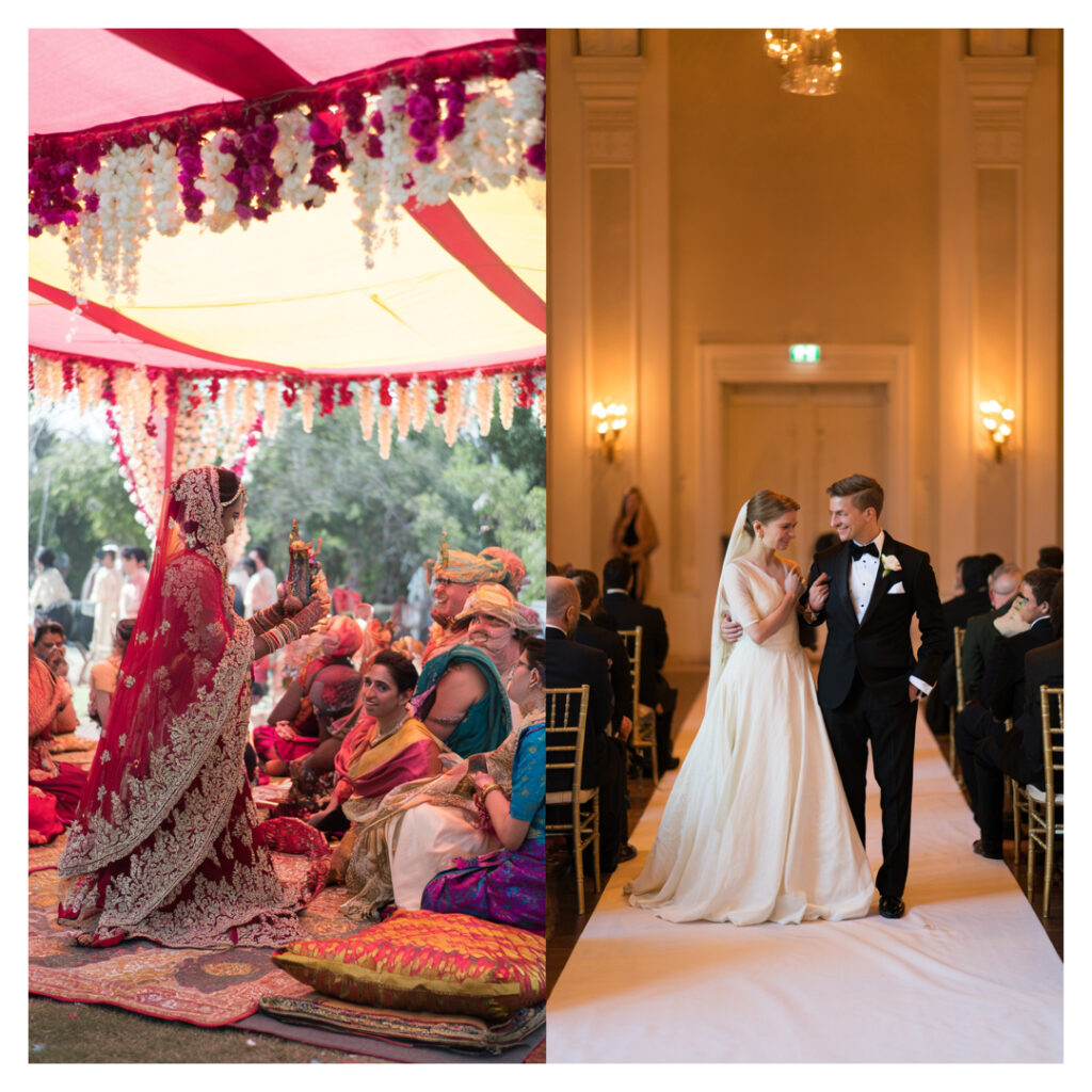 Picture 2 - Parallel AI-generated scenes used for cultural comparison and discussion of representation - on the left is a traditional Indian wedding and on the right is a traditional western wedding