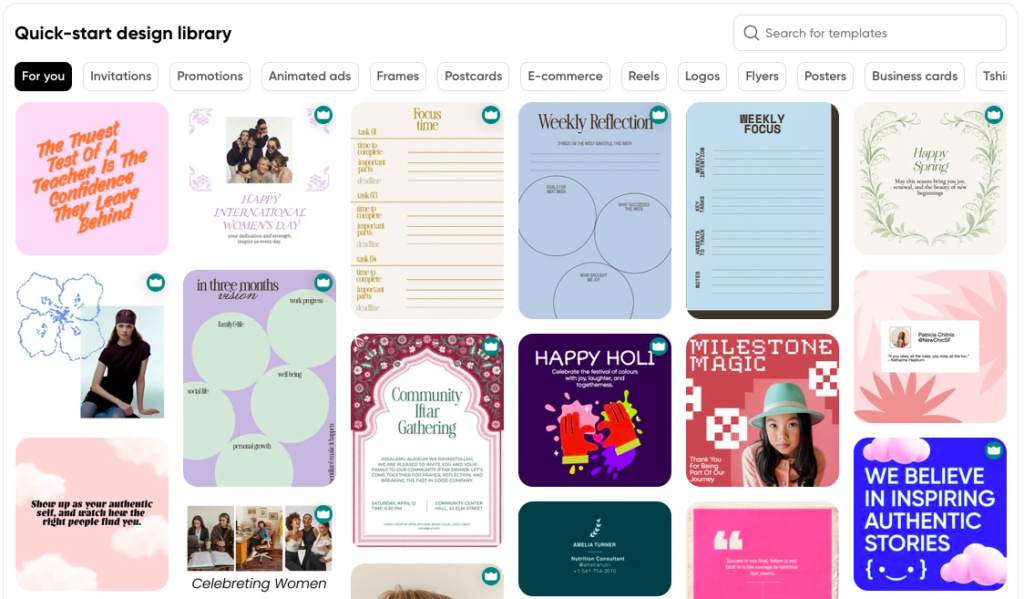 Picture 3 - Quick-start design library - has several designs available, and categories: invitations, promotions, animated ads, frames, postcards, e-commerce, reels, logos, flyers, posters, business cards