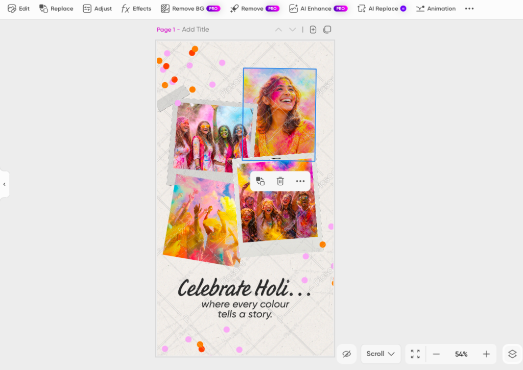 Picture 4 - Example of an AI-generated poster edited with Picsart’s typography tools for classroom use - a poster that says Celebrate Holi... where every colour tells a story.