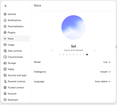 Picture 3 - ChatGPT Voice Options - on the left are buttons: general, notifications, personalization, plugins, voice, usage, data controls, cloud browser, storage, safety, security and login, parental controls, trusted contact, account, keyboard. on the right are settings for model, intelligence, and language