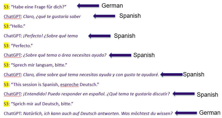 Picture 4 - Dialogue of Student Interaction with ChatGPT Voice - the conversation shows the student starting to speak to the chatbot in German several times, while the chatbot answers in Spanish several times before switching to German