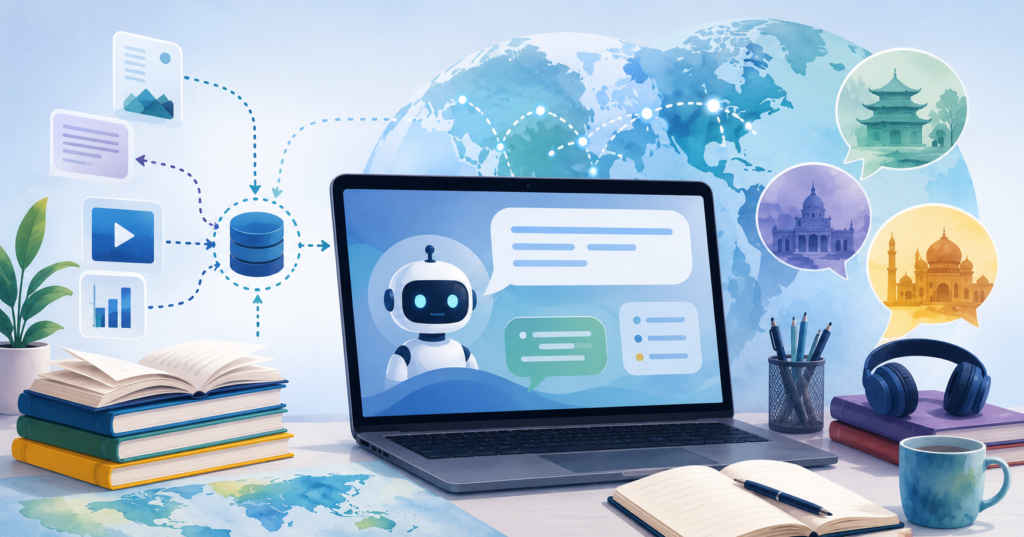 a cartoon image of a laptop featuring a robot speaking