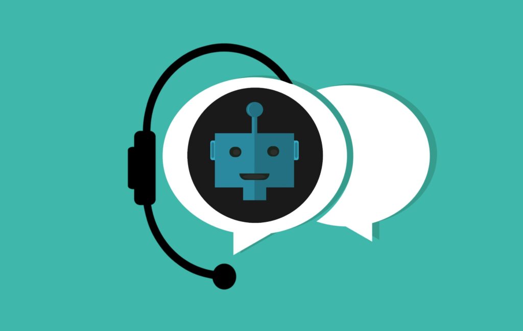 two conversation bubbles with one having a robot in it with a microphone