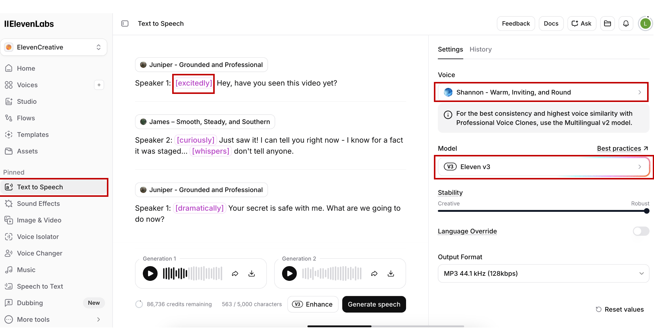 Picture 2 - Text-to-Speech Generation with Multiple Speakers.Voice-related sound effects are embedded in the text in English in [square brackets]