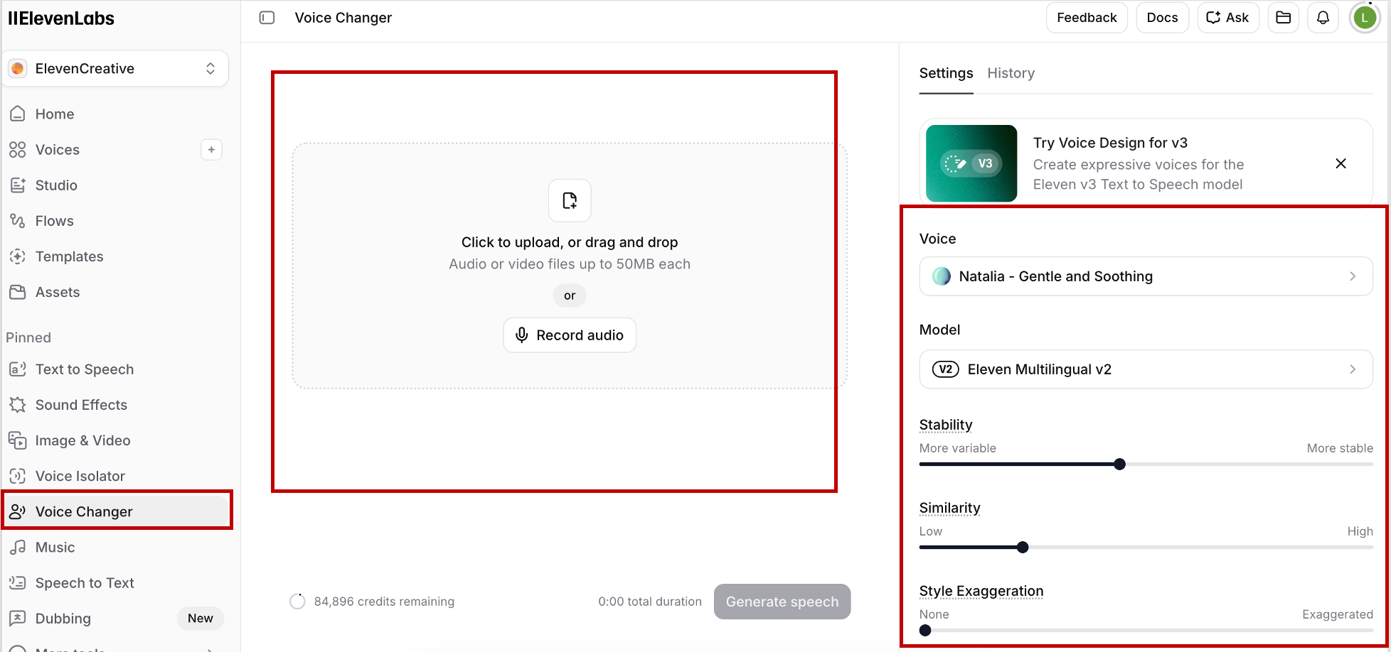 Picture 3 – Voice Changer Feature - upload file in the middle and settings located on the right