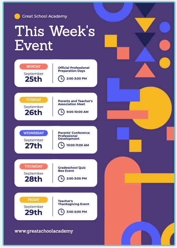Picture 1 - Piktochart template for an event poster - it has boxes with repeating and aligned elements that easily show when several events will take place