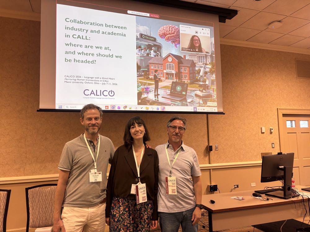 Picture 3 - Frederik Cornillie, Mery Diez-Ortega, Richard Medina in person, and Carla Consolini on screen at the conclusion of their panel (photo credit: Lisa Frumkes)