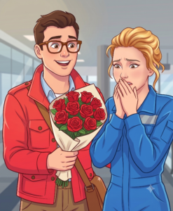 a man giving a woman 10 flowers, she is upset