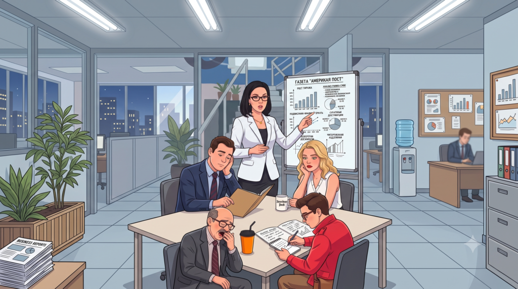 a woman giving a presentation and 4 people sitting at a table looking bored