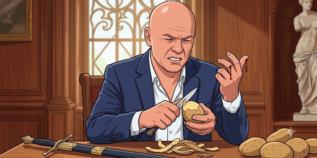 Picture 12 - Prompt: Create an image of this person peeling potatoes with a cut on one hand and a sword resting on the table in front of him - a man peeling potatoes with 3 hands
