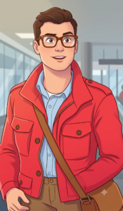 cartoon version of a man in glasses and a red jacket