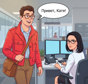 a man saying "Привет, Катя!" to a woman, who is not happy