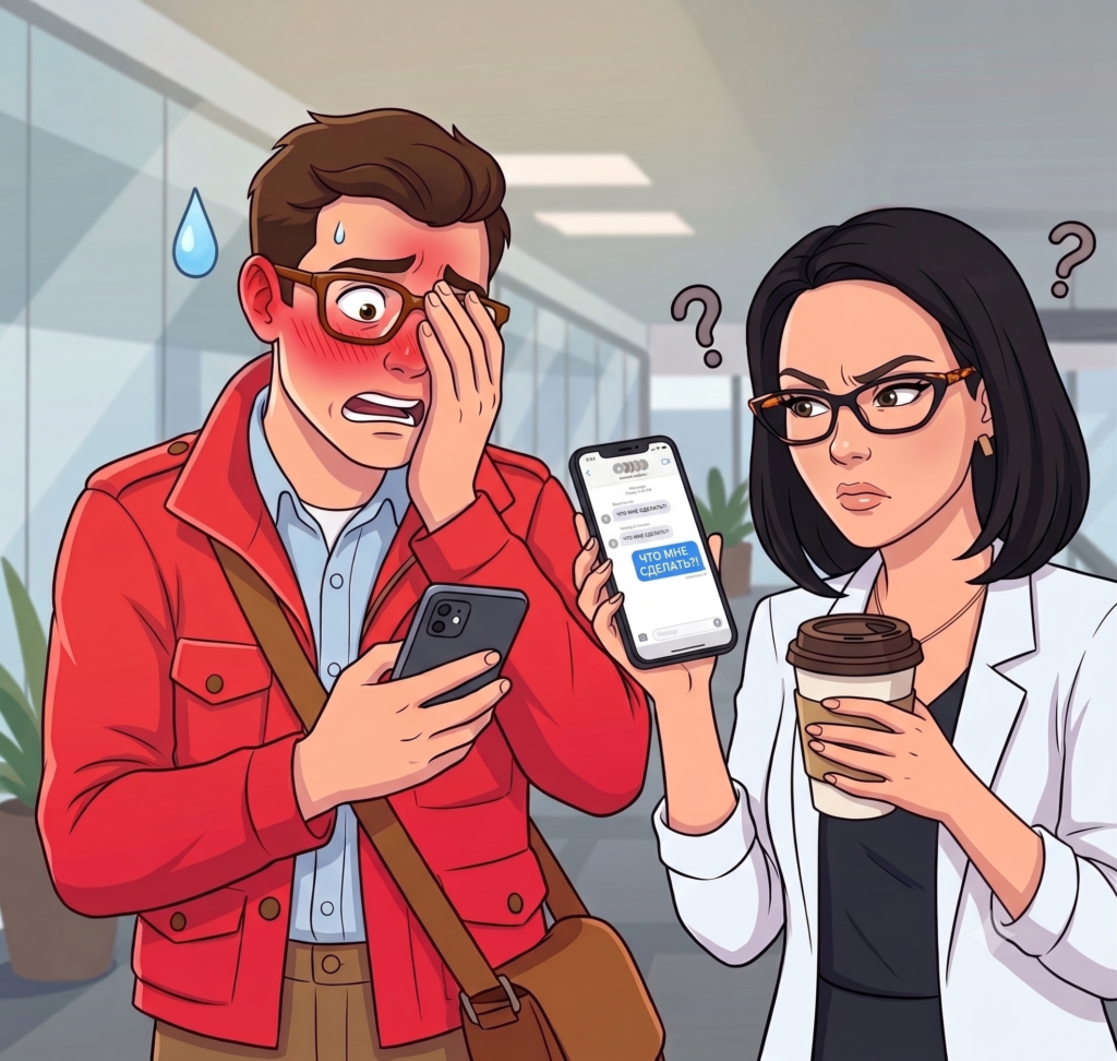 a man and woman both looking at their phones, the man is blushing and the woman is upset with question marks around her head