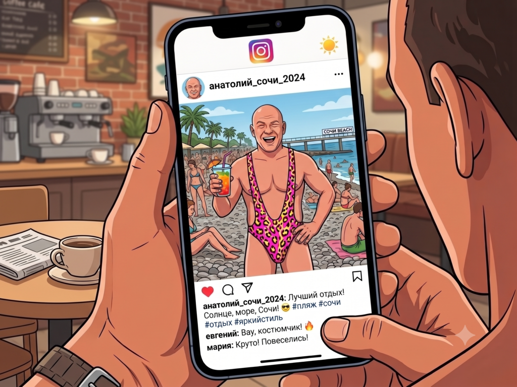 Picture 21 - Image generated by Google Gemini that depicts one of the characters on a beach wearing a pink bathing suit