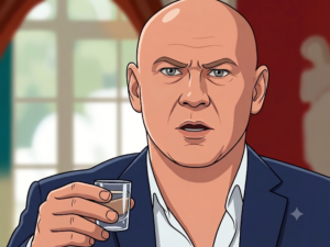 cartoon version of a bald man toasting with vodka