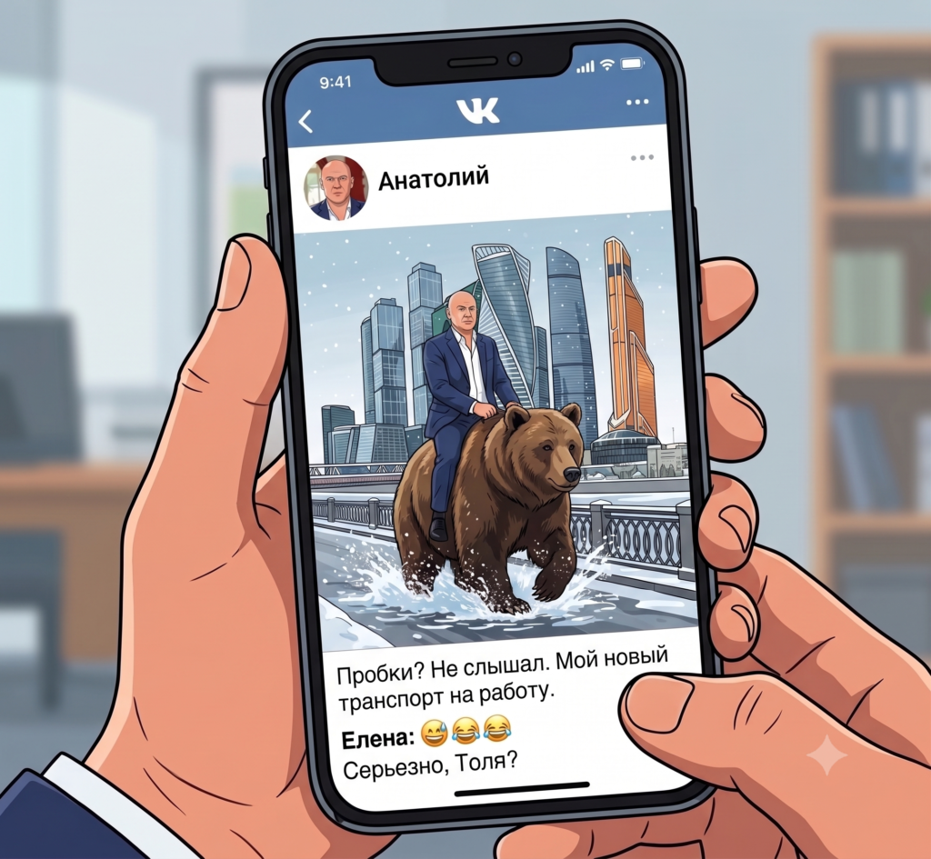 Picture 23 - Image generated by Google Gemini of a social media post of a character riding a bear to work in a well-known area of Moscow