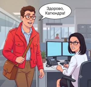 a man saying "Здорово, Катюндра!" to a woman, who is very upset