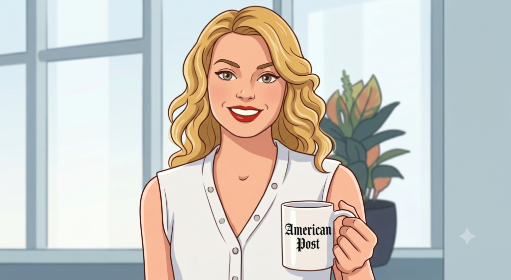 Picture 11 - Reference photo for the calligraphic font used as the logo of the fictional newspaper - a blond woman with a mug that says "American Post" in a calligraphy font
