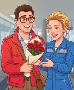 a man giving a woman five flowers, she is happy